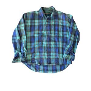 Vintage American Eagle Outfitters USA Made Faded Blue Teal Black Plaid M Flannel